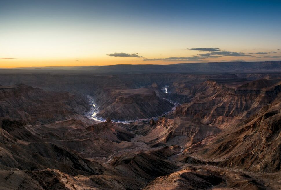 Namibia hiking safari – sunset over the mountains of the Fish River Canyon